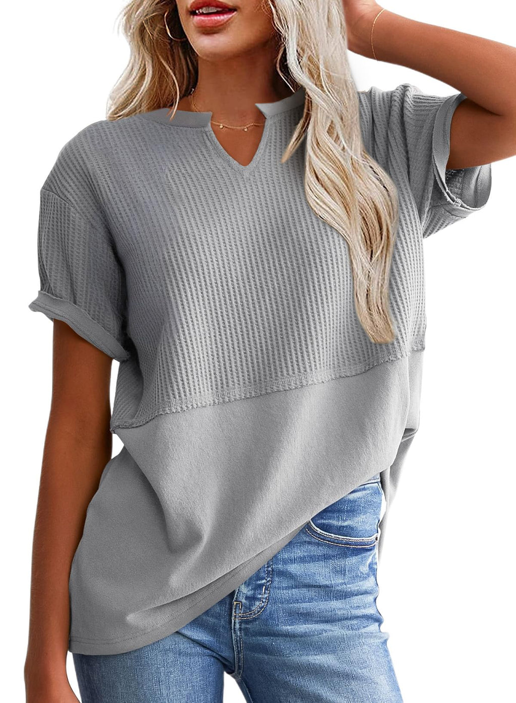✨Women's Casual V Neck Waffle Knit Tops Short Sleeve T Shirts（Buy 2 Free Shipping）