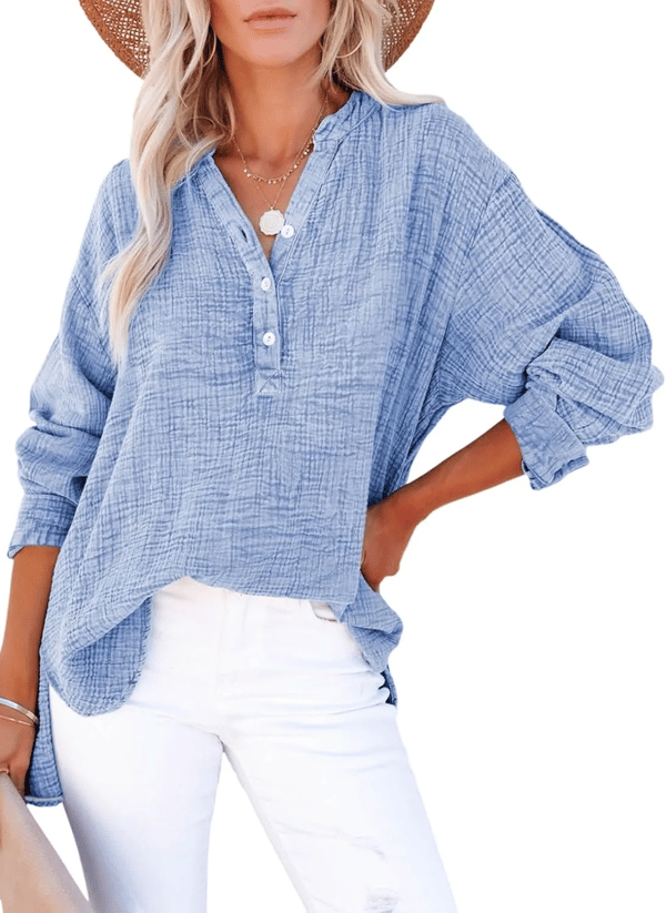 Limited time sale🔥Womens Casual Gauze Button Neck Long Sleeve Oversized BlousesTops