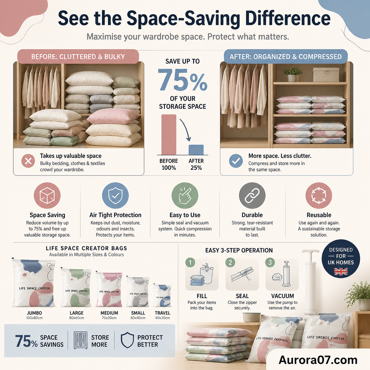 🧳No‑Pump Vacuum Storage Bags – Press & Seal, No Pump Needed. Saves 80% Space, Keeps Clothes Dry & Dust‑Free