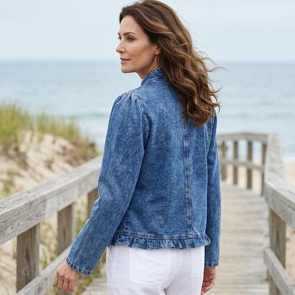 Women's Ruffle Trim Open-Front Denim Jacket