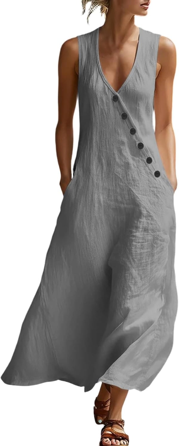 Summer Maxi Dresses for Women 2026 Linen V Neck Sleeveless Beach Sundress Button Casual Loose Tank Dress with Pockets