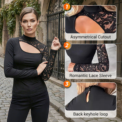 Women's Asymmetrical Cutout Lace Sleeve Top