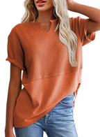 ✨Women's Casual V Neck Waffle Knit Tops Short Sleeve T Shirts（Buy 2 Free Shipping）