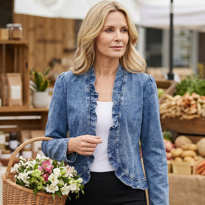Women's Ruffle Trim Open-Front Denim Jacket