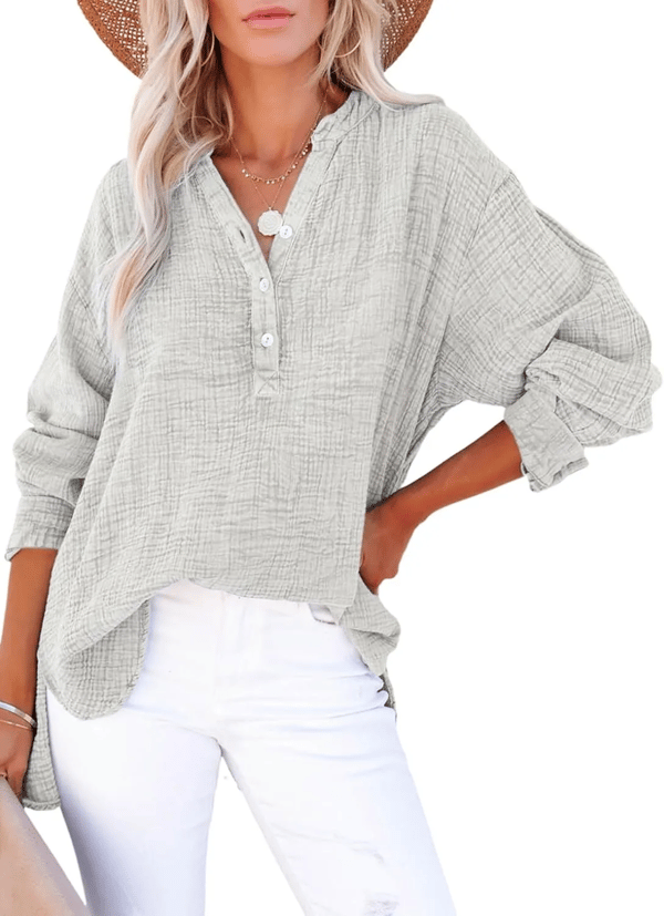 Limited time sale🔥Womens Casual Gauze Button Neck Long Sleeve Oversized BlousesTops