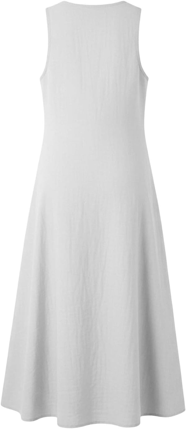 Summer Maxi Dresses for Women 2026 Linen V Neck Sleeveless Beach Sundress Button Casual Loose Tank Dress with Pockets