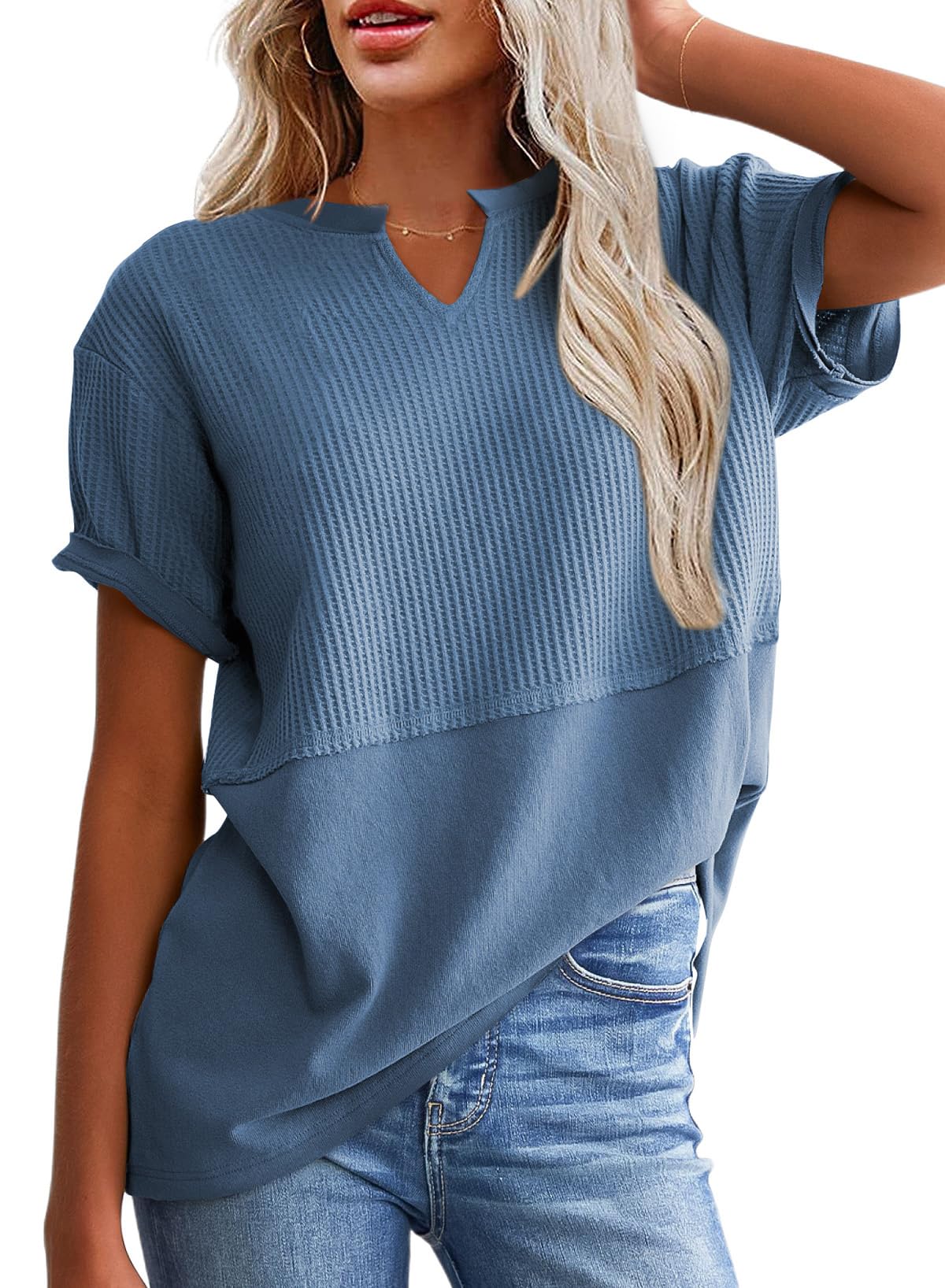 ✨Women's Casual V Neck Waffle Knit Tops Short Sleeve T Shirts（Buy 2 Free Shipping）
