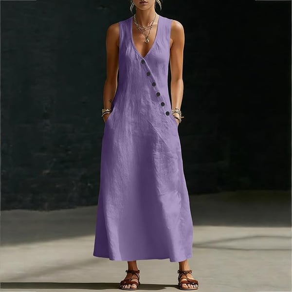 Summer Maxi Dresses for Women 2026 Linen V Neck Sleeveless Beach Sundress Button Casual Loose Tank Dress with Pockets
