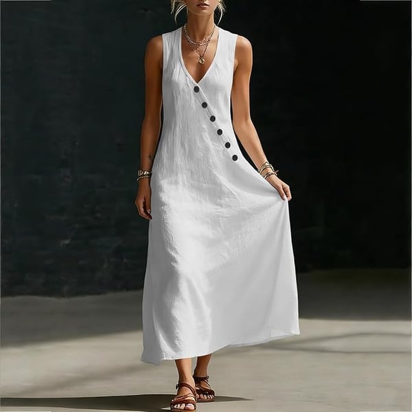 Summer Maxi Dresses for Women 2026 Linen V Neck Sleeveless Beach Sundress Button Casual Loose Tank Dress with Pockets