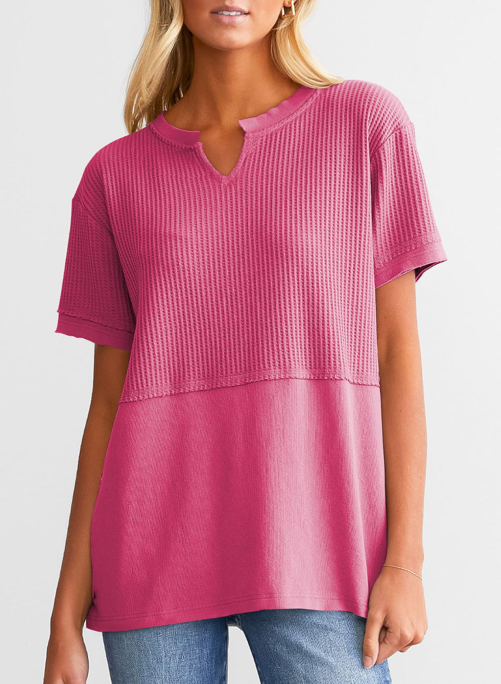 ✨Women's Casual V Neck Waffle Knit Tops Short Sleeve T Shirts（Buy 2 Free Shipping）