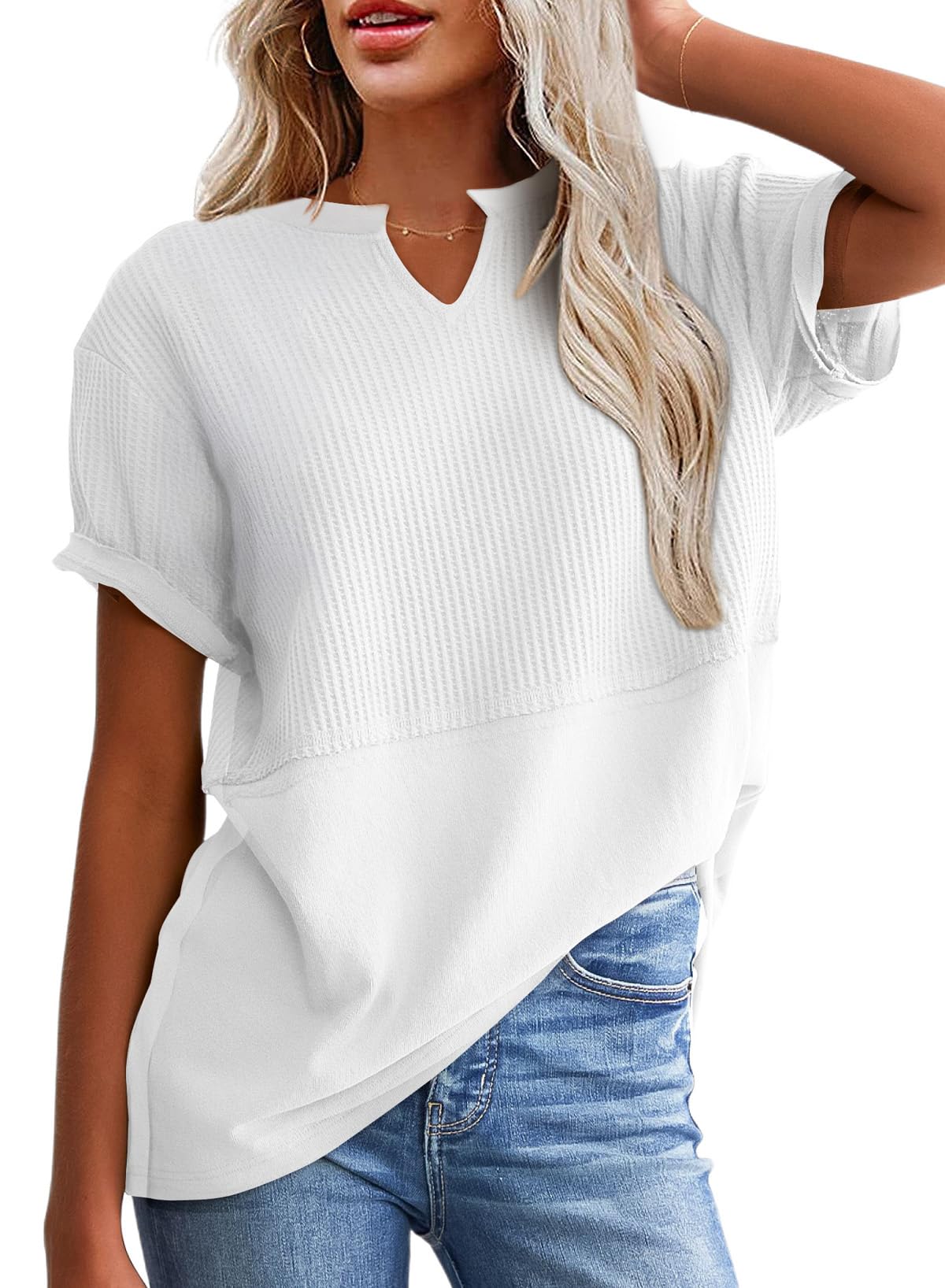 ✨Women's Casual V Neck Waffle Knit Tops Short Sleeve T Shirts（Buy 2 Free Shipping）