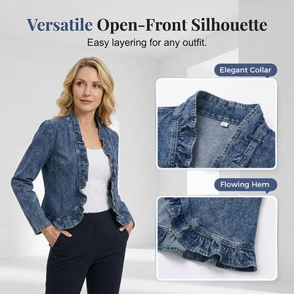 Women's Ruffle Trim Open-Front Denim Jacket