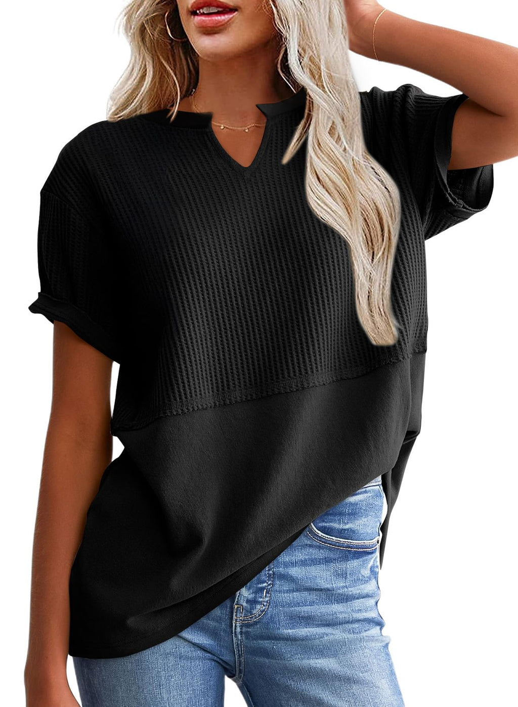 ✨Women's Casual V Neck Waffle Knit Tops Short Sleeve T Shirts（Buy 2 Free Shipping）