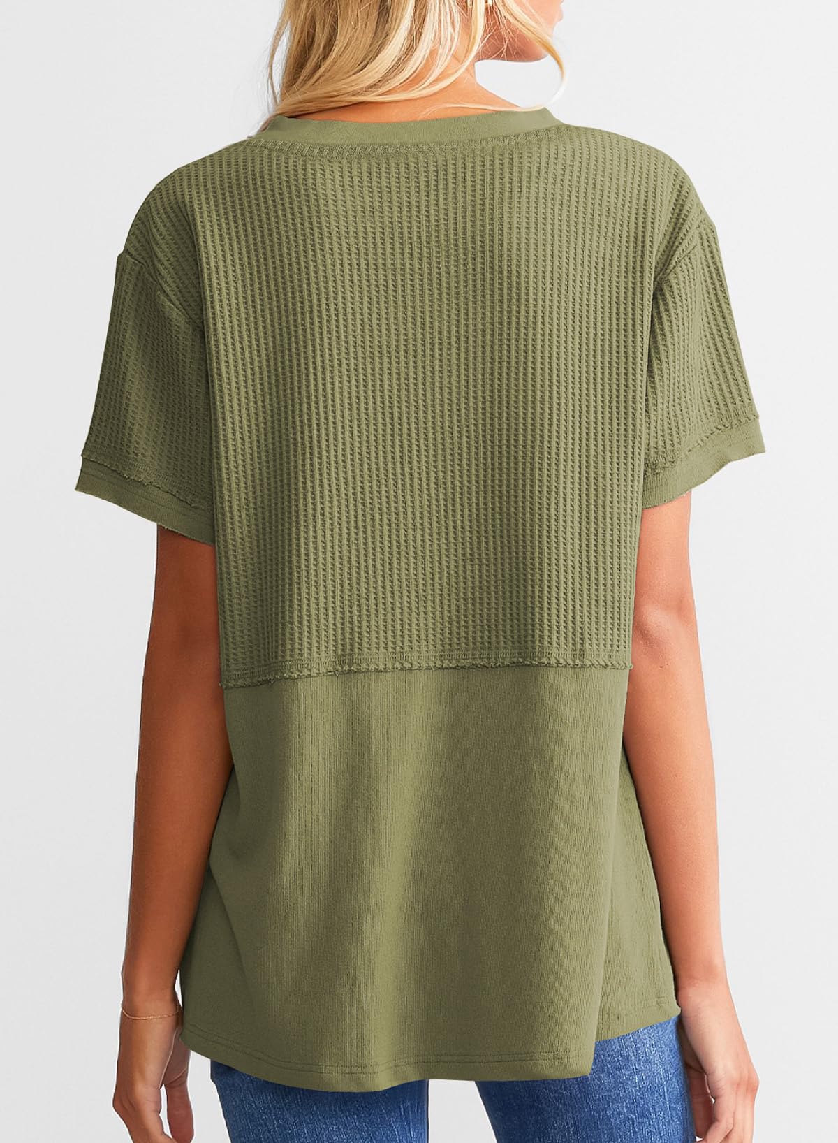 ✨Women's Casual V Neck Waffle Knit Tops Short Sleeve T Shirts（Buy 2 Free Shipping）