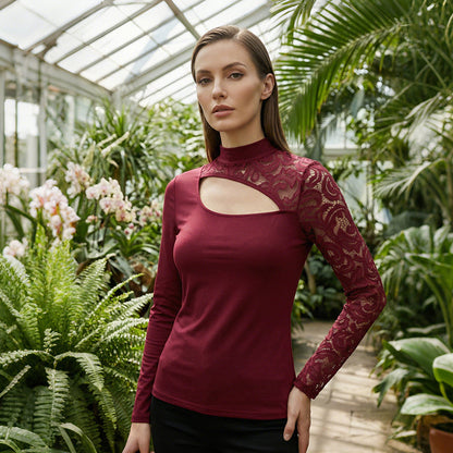 Women's Asymmetrical Cutout Lace Sleeve Top