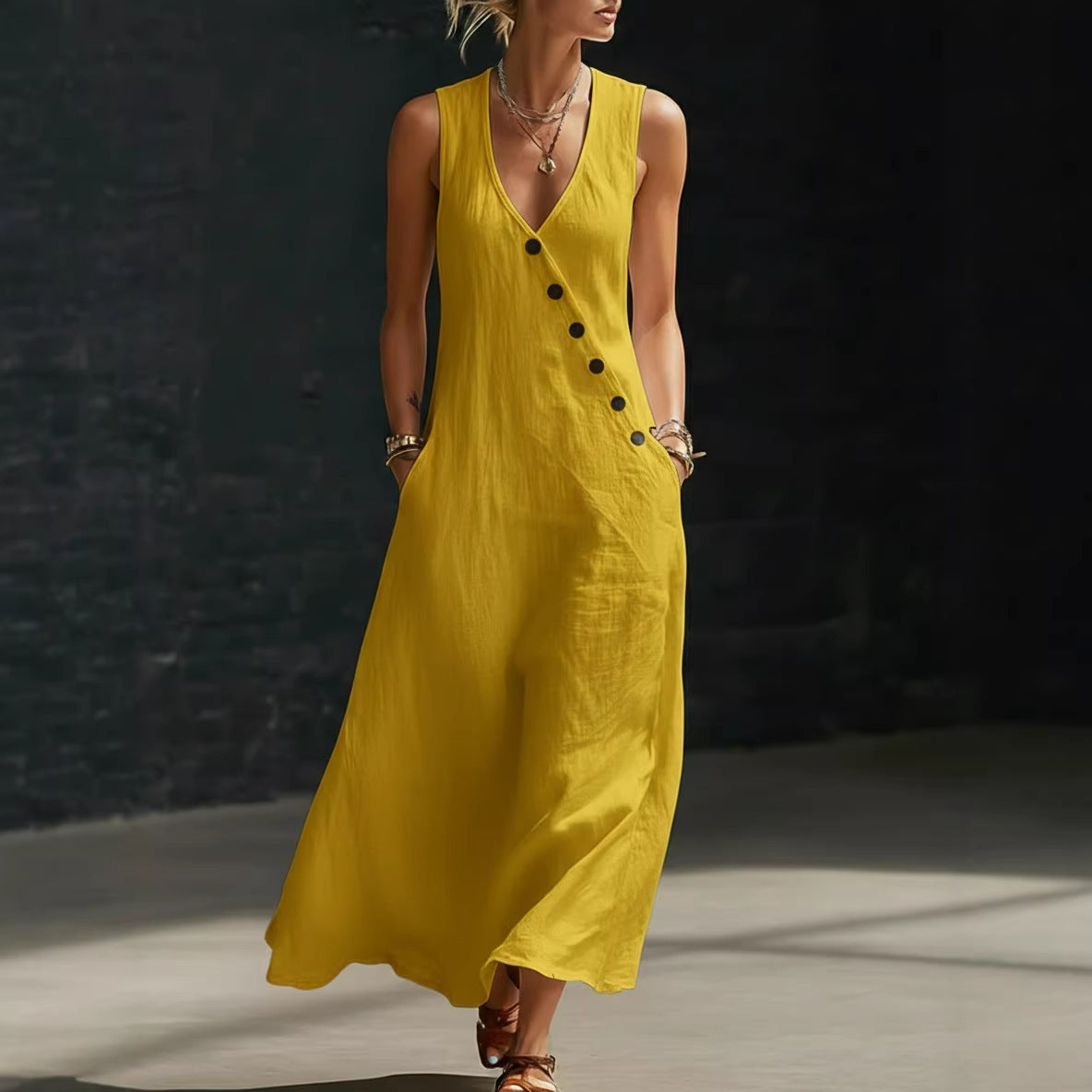 Summer Maxi Dresses for Women 2026 Linen V Neck Sleeveless Beach Sundress Button Casual Loose Tank Dress with Pockets