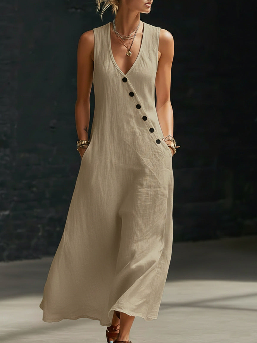 Summer Maxi Dresses for Women 2026 Linen V Neck Sleeveless Beach Sundress Button Casual Loose Tank Dress with Pockets