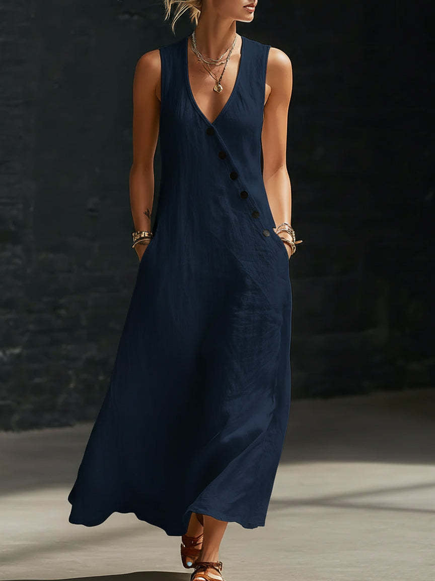 Summer Maxi Dresses for Women 2026 Linen V Neck Sleeveless Beach Sundress Button Casual Loose Tank Dress with Pockets
