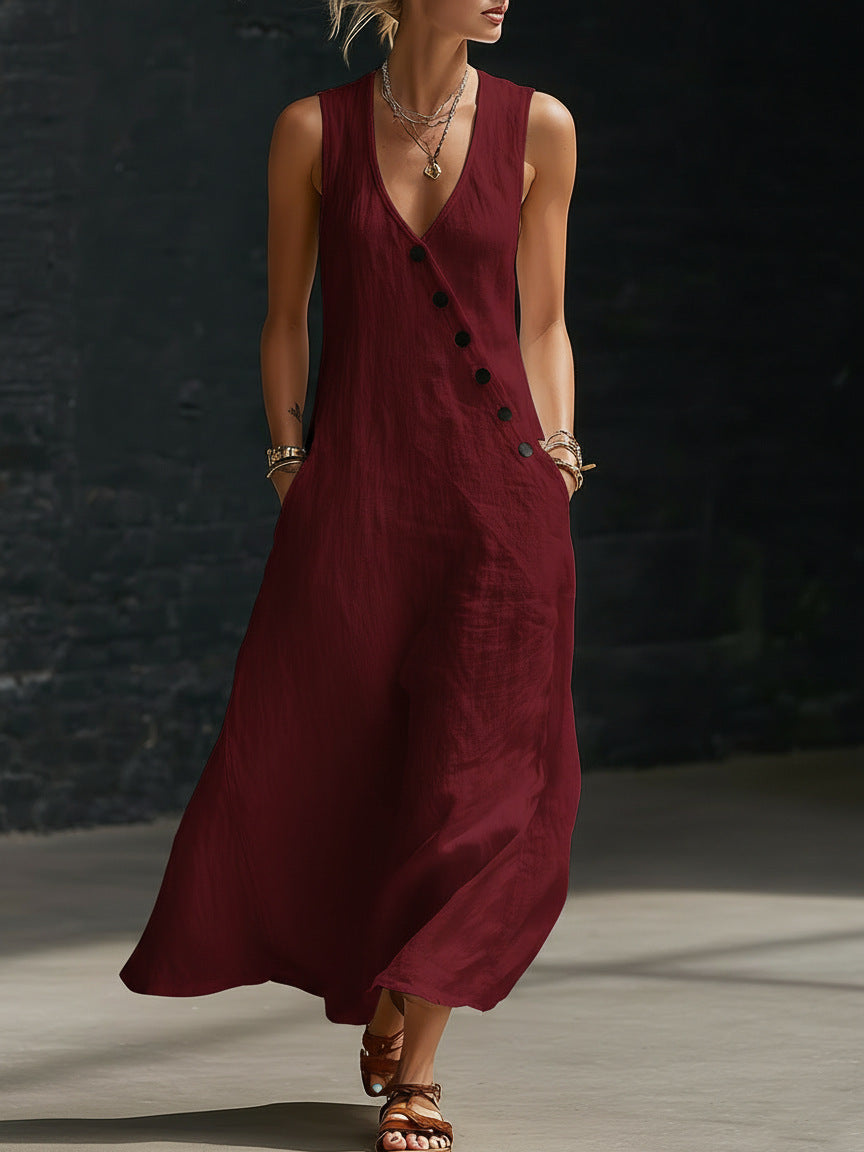 Summer Maxi Dresses for Women 2026 Linen V Neck Sleeveless Beach Sundress Button Casual Loose Tank Dress with Pockets
