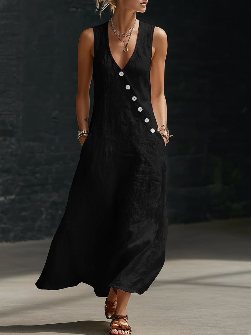Summer Maxi Dresses for Women 2026 Linen V Neck Sleeveless Beach Sundress Button Casual Loose Tank Dress with Pockets