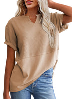 ✨Women's Casual V Neck Waffle Knit Tops Short Sleeve T Shirts（Buy 2 Free Shipping）