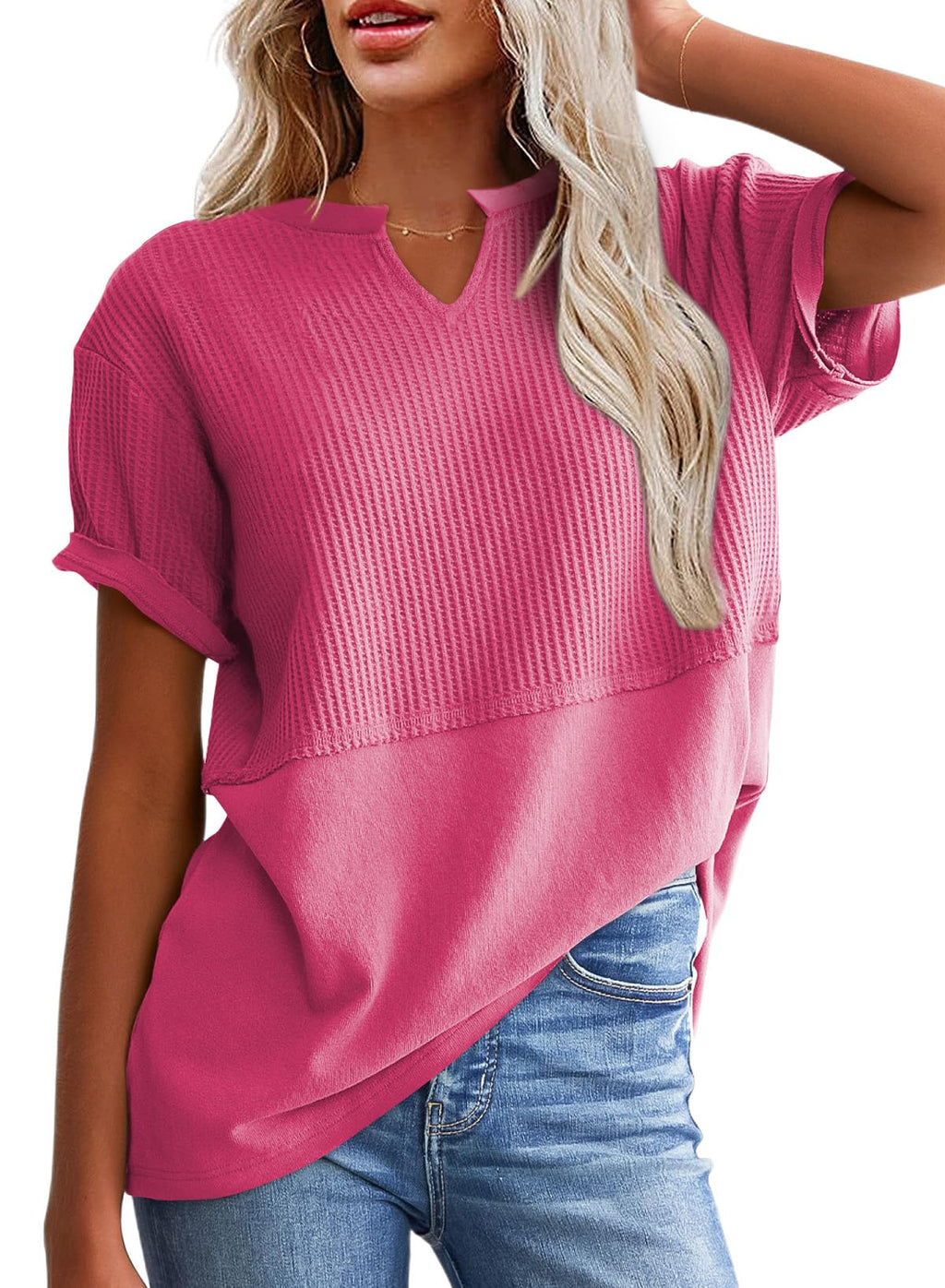 ✨Women's Casual V Neck Waffle Knit Tops Short Sleeve T Shirts（Buy 2 Free Shipping）