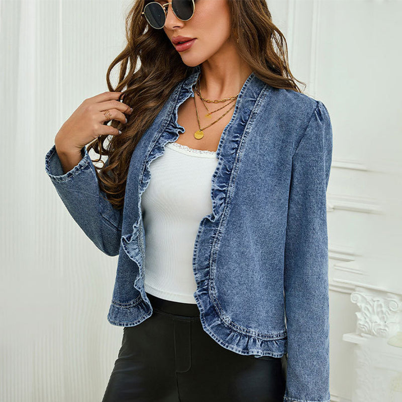 Women's Ruffle Trim Open-Front Denim Jacket