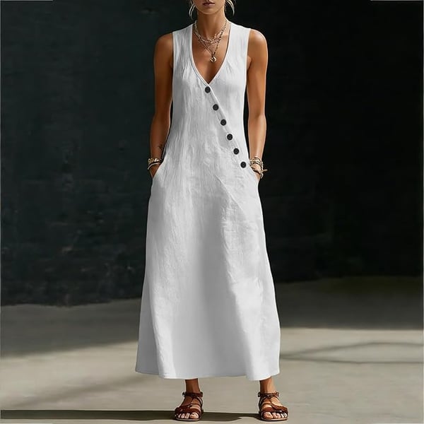 Summer Maxi Dresses for Women 2026 Linen V Neck Sleeveless Beach Sundress Button Casual Loose Tank Dress with Pockets