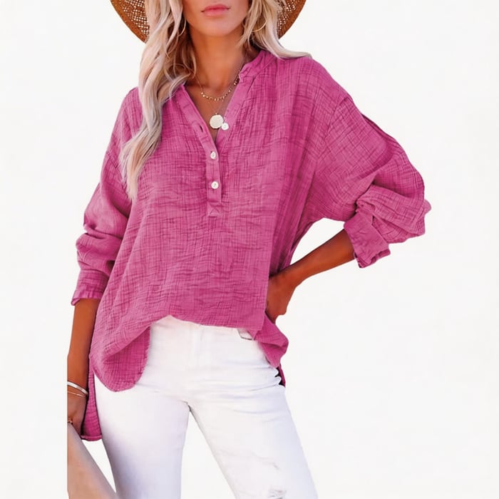 Limited time sale🔥Womens Casual Gauze Button Neck Long Sleeve Oversized BlousesTops