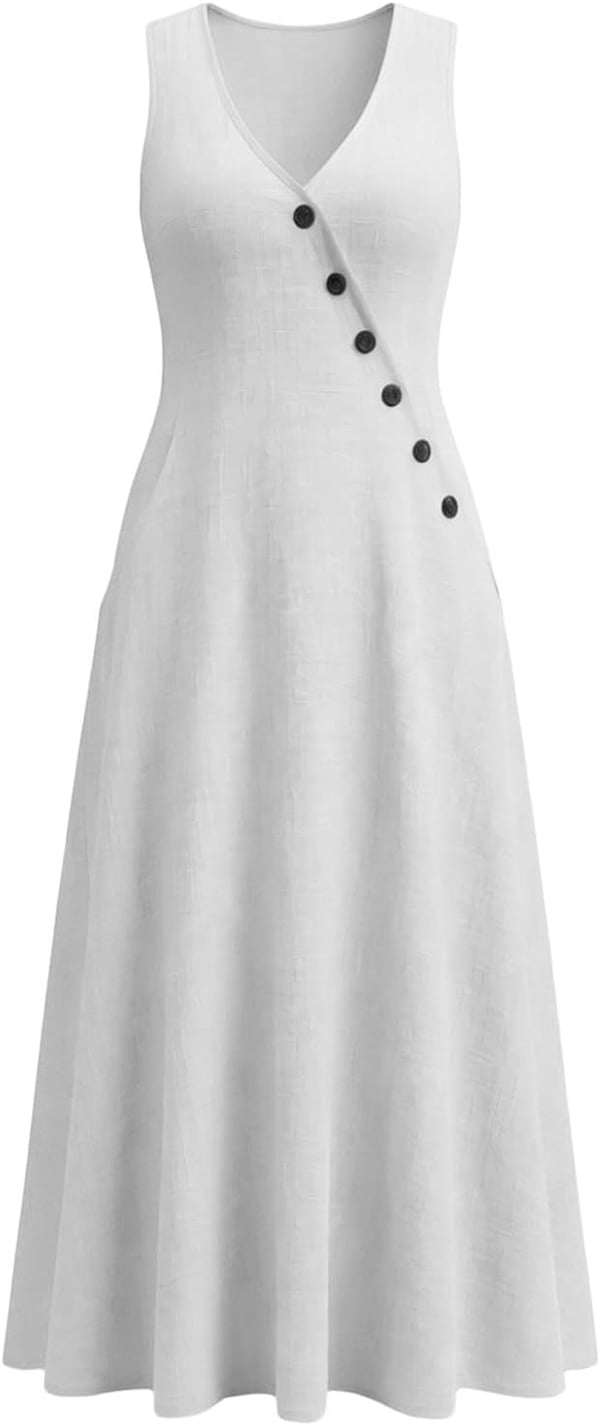 Summer Maxi Dresses for Women 2026 Linen V Neck Sleeveless Beach Sundress Button Casual Loose Tank Dress with Pockets