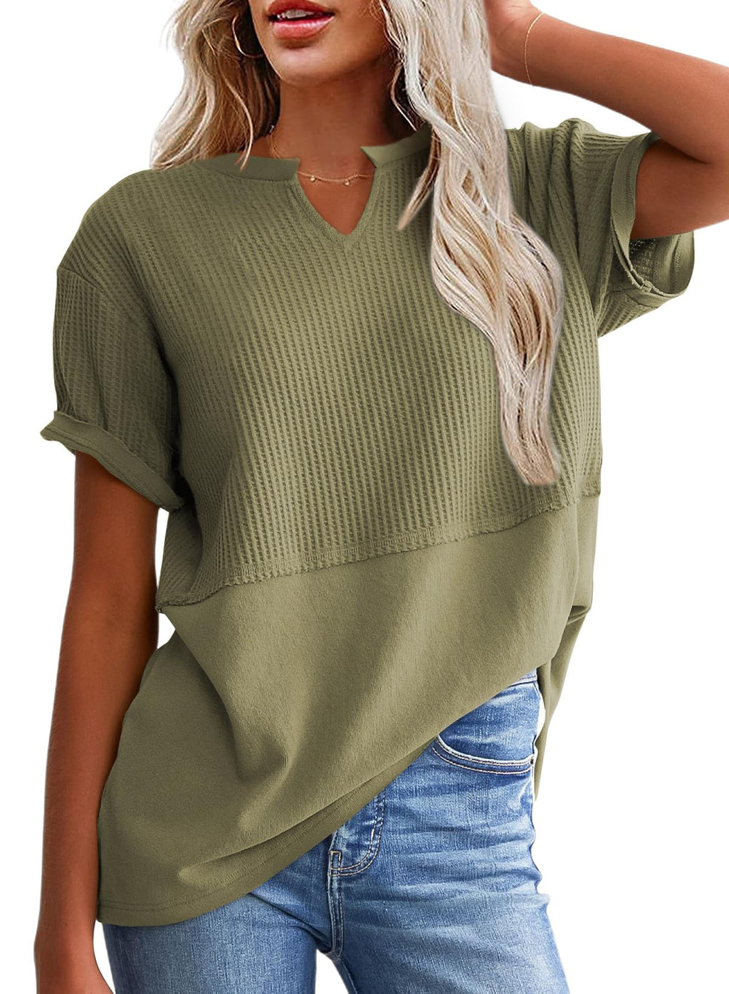 ✨Women's Casual V Neck Waffle Knit Tops Short Sleeve T Shirts（Buy 2 Free Shipping）