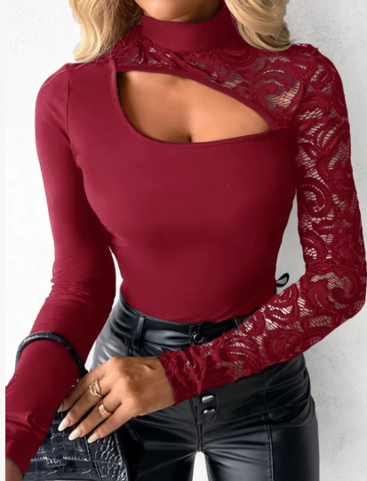 Women's Asymmetrical Cutout Lace Sleeve Top