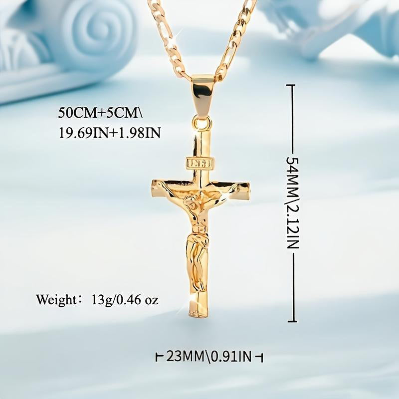 ✨✝️ Gold Crucifix Necklace – Detailed INRI Motif, Adjustable Figaro Chain & Hypoallergenic Finish 💛