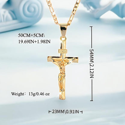 ✨✝️ Gold Crucifix Necklace – Detailed INRI Motif, Adjustable Figaro Chain & Hypoallergenic Finish 💛